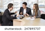 Small photo of Group of three people having discussion. Business people tries to convince each other making eloquent gestures