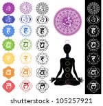 Man silhouette in yoga position with the symbols of seven chakras