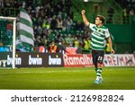 Small photo of Lisbon, Portugal - 02 20 2022: Liga Bwin game between Sporting CP and Estoril Praia, Estadio Jose Alvalade; Pedro Goncalves thanks fans after the game