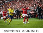 Small photo of Lisbon, Portugal - 08 05 2022: Liga Portugal Bwin game between SL Benfica and Futebol Clube de Arouca; Joao Mario in a duel with Oriol Busquets