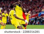 Small photo of Lisbon, Portugal - 04 11 2023: UEFA Champions League quarterfinal between SL Benfica and Inter Milan FC; Romelu Lukaku celebrates after scoring goal