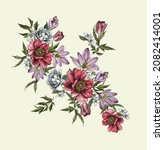 Water color hand drawn flower bunch with leaves stock illustration for print