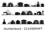 Monochrome wild west landscape black silhouette background set vector illustration. Western style cityscape buildings with old stagecoach isolated. City panorama architecture with saloon, church