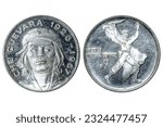 Small photo of double faces Cuban Che Guevara silver coin of Cuba. close up of the head and tail sides, of commander Ernesto Che Guevara memorial coin isolated on white studio background.