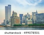 New York City skyline from New Jersey with World Trade Center featured as landmark of the Twin Towers. Lower Manhattan in NYC, United States.