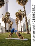 Small photo of Slim young caucasian girl stands in downward facing dog pose on mat exercising outdoors. Brown-haired woman wears sports top and leggings training. Concept of viability.