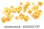 Small photo of Emmental or Maasdam cheese cubes flying in air on white background. Conceptual picture.