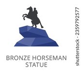 Bronze monument of Russian emperor on horse flat vector icon. Cartoon drawing or illustration of traditional symbol on white background. Traveling, vacation, tourism, Russia concept