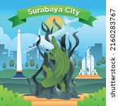 Simple flat-style illustration of Surabaya city in Indonesia and its landmarks. Famous buildings and tourism objects such as Surabaya Statue, Tugu Pahlawan,and Suramadu bridge included.