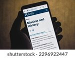 Small photo of Mission and History webpage of the American Association for the Advancement of Science (AAAS) on a smartphone. AAAS aims to advance science and innovation: Dhaka, Bangladesh- April 30, 2023