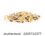 Small photo of Chicken Scratch or Feed with Grains, Corn and Seeds in Side or Three Quarters Point of View Isolated on White