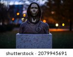 Small photo of Budapest, Hungary - 11.05.2021: Portrait of the faceless statue of Satoshi Nakamoto, the mysterious founder of Bitcoin and Blockchain technology; Statue created by Reka Gergely and Tamas Gilly