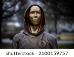 Small photo of Budapest, Hungary - 12.30.2021: Daylight portrait of the statue of Satoshi Nakamoto, the mysterious founder of Bitcoin and Blockchain technology; Statue created by Reka Gergely and Tamas Gilly