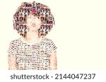 Small photo of Faces of fun. Composite image of a diverse group of people superimposed on a woman's face.