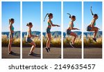 Small photo of Shifting her fitness into high gear. Composite image of a sporty young woman doing a knee tuck jump outside.