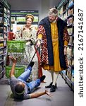 Small photo of What, its out of stock You knave. A king threatening an employee in a supermarket with his sword.
