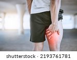 Small photo of Sports man, runner and thigh injury to hamstring muscle for fitness, wellness and health person. Running, workout and exercise expert suffer medical leg pain after high performance training in city