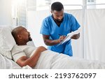 Healthcare, insurance and hospital planning by doctor and patient doing paperwork before surgery or during checkup. Help from a professional consulting with a sick man about a drug trial for cancer