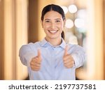 Happy, woman and thumbs up hands for business, success or deal of an employee against a bokeh background. Portrait of female worker with hand gestures for thank you, great work and job well done.