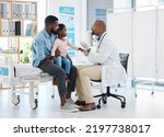 Pediatrician doctor consulting black kid patient for healthcare service, medical help and wellness check in hospital clinic. Friendly, trust and kind african family gp expert for healthy child advice