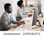 Small photo of Call center worker in communication with people on internet online with computer at work, customer care help and support consulting at crm company. African telemarketing employee working in office