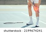 Small photo of Tennis athlete legs with knee pain, injury or inflammation from sports fitness training exercise accident at tennis court. Competitive man or person with medical emergency of joint and muscle bruise
