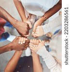 Small photo of Support, prayer and trust with people holding hands in counseling for mental health, wellness or teamwork. Worship, hope and community group therapy for help, solidarity or spiritual faith from above