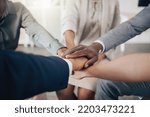 Small photo of Business people, hands and teamwork unity in office circle for motivation, community trust or global collaboration. Zoom on black man, women or company diversity with target goal or ready for success