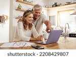 Small photo of Happy pension couple with laptop and paperwork for retirement planning, online ecommerce website or digital bank application investment. Elderly, senior people for life insurance or asset management