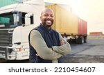 Small photo of Delivery, container and happy truck driver moving industry cargo and freight at a shipping supply chain or warehouse. Smile, industrial and black man ready to transport ecommerce trade goods or stock