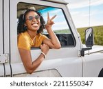 Car, road trip and girl with sign of peace, crazy high energy and on fun transportation adventure in Australia countryside. Hands, travel journey and black woman happy and excited on safari excursion