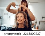 Small photo of Hair, hairdresser or senior customer at salon studio for spa hair care, beauty work or hair salon service. Beautician girl, designer hair stylist or small business owner with client woman for haircut