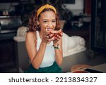 Small photo of Smile, happy and coffee shop young woman enjoying a cup of tea in a restaurant or cafe on her lunch break. Portrait of happy customer drinking her morning caffeine or cappuccino with happiness