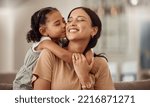 Small photo of Happy, kiss and hug on mothers day in living room sofa, love and relaxing together in Australia family home. Young girl, smile parent and happiness, quality time and care on lounge couch for fun