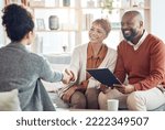 Business meeting, welcome handshake and couple meet with lawyer or financial advisor. Elderly married man, wife and woman retirement conversation, planning and insurance documents for estate finance