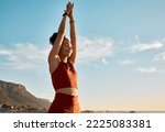 Black woman, yoga pray hands and meditation wellness on beach. Happy zen girl, spiritual fitness breathing and  health for mindfulness reiki energy or relax pilates exercise workout in nature