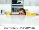 Small photo of Ensuring everything is spotless. Shot of a young woman bending down to look closely at a surface being cleaned.