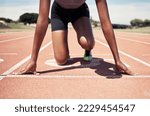 Small photo of Start running and sports with black woman on stadium ground for training, stamina and workout. Strong, energy and stamina with runner and ready for race track, competition and cardio development
