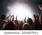 Small photo of Concert, live music and people dancing at an event, party or nightclub with energy, freedom and fun. Band, musician or dj entertainment playing at music festival or rave at indoor venue with a crowd.