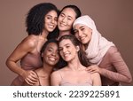 Small photo of Women, faces or diversity on studio background in empowerment trust, solidarity support or community self love. Portrait, smile or group beauty models, happy facial expression or religion acceptance
