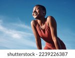 Small photo of Fitness, black woman and smile in relax for running, exercise or workout in the nature outdoors. Happy African American female runner smiling on a break from run, exercising and breathing fresh air