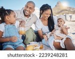 Small photo of Black family, happy and food picnic on beach with kids to enjoy summer outing together in Cape Town, South Africa. Children, mother and dad relax on sand in nature for bonding in sunshine.