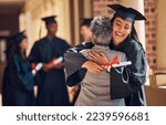 Small photo of Hug, graduation and graduate, women and education achievement, success on university campus and certificate with academic goals reached. College, student and graduating ceremony, event and degree.
