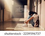 Small photo of Stress, anxiety and depression of university girl with mental breakdown on campus floor. Frustrated, thinking and depressed indian woman suffering and overwhelmed with burnout at college.