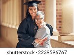 Small photo of Graduation, university and portrait of mother with girl at academic ceremony, celebration and achievement. Family, education and mom hugging graduate daughter with degree or diploma on college campus