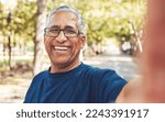 Small photo of Fitness selfie, senior man and happy in portrait outdoor, vitality and relax after body workout in the park. Smile in picture, freedom and travel with exercise, retirement and happiness in New York.