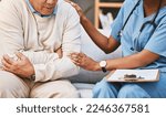 Small photo of Pain, help and empathy of nurse with senior man for healthcare, medical or retirement home check, exam and assessment. Depression, sad and mental health fear of elderly patient consulting a doctor