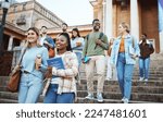 Small photo of Diversity, students and walking on university steps, school stairs or college campus to morning class. Smile, happy people and bonding education friends in global scholarship opportunity or open day