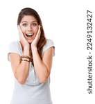 Small photo of Gasp. Wow, surprise and portrait with a woman in studio on a white background saying wow or omg in an expression of shock. Happy, surprised and shoked with an attractive young female looking excited.