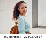 City, walking and black woman student on the weekend enjoying her freedom. Summer, fashion and portrait of young girl taking walk, travelling and explore urban town in free time in trendy outfit